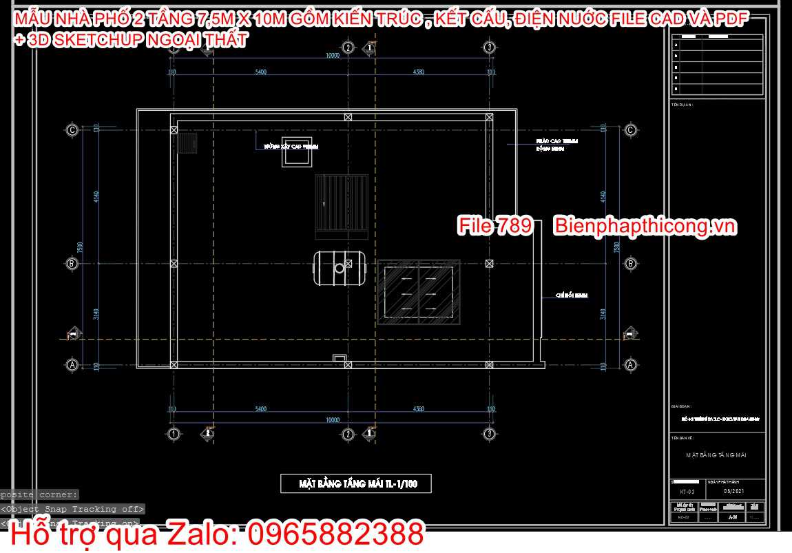 Mặt bằng tầng mái nhà phố 2 tầng cad đẹp.