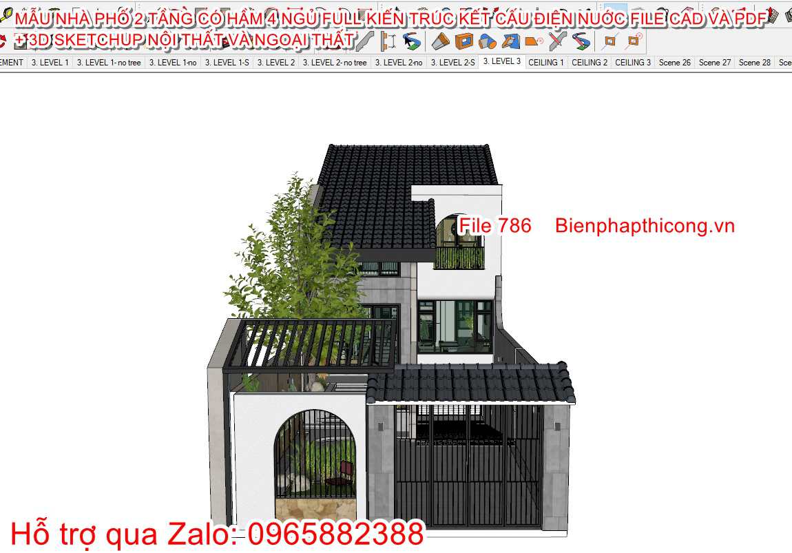 3D sketchup nhà phố 2 tầng có hầm 4 ngủ đẹp.