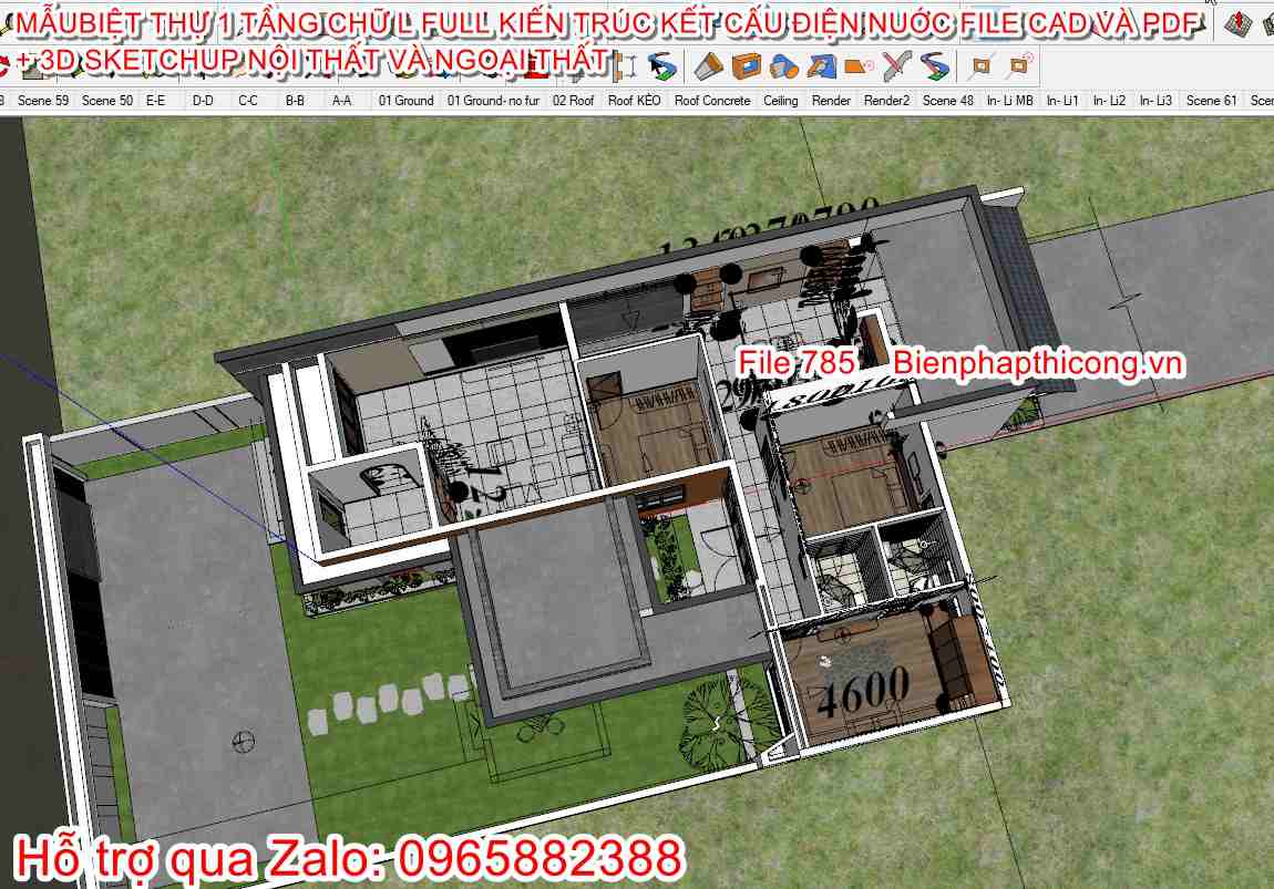 3D sketchup nội thất nhà 1 tầng 3 ngủ mái nhật.