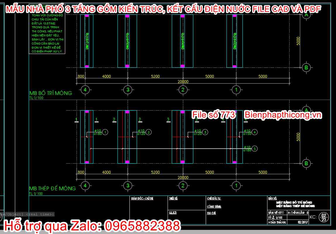 Bản vẽ mặt bằng móng nhà phố 3 tầng cad đẹp.