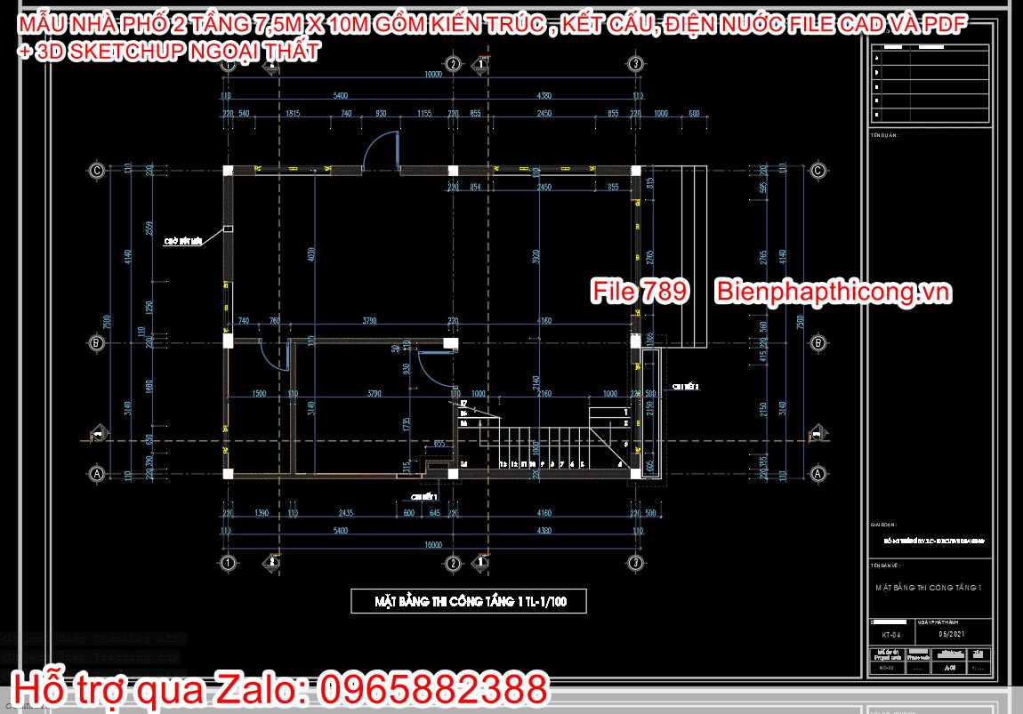 Bản vẽ thi công mặt bằng nhà phố 2 tầng 3 ngủ.