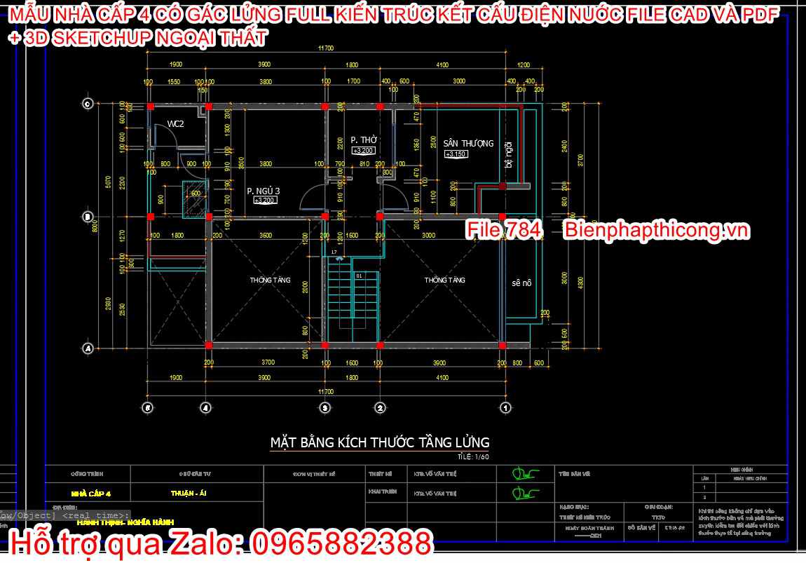 Bản vẽ xây tường tầng lửng nhà cấp 4 3 ngủ 8m x 13m.