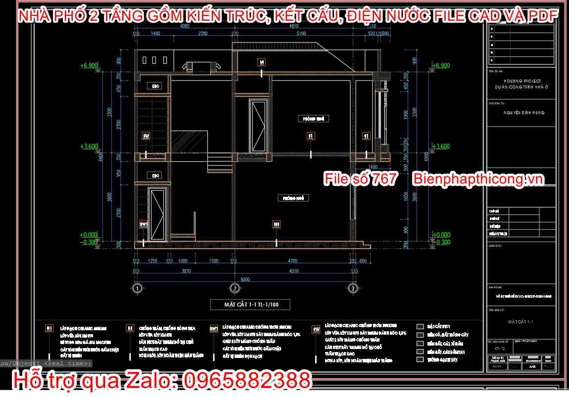 File cad mặt cắt nhà phố 2 tầng 8m x 9m đẹp.