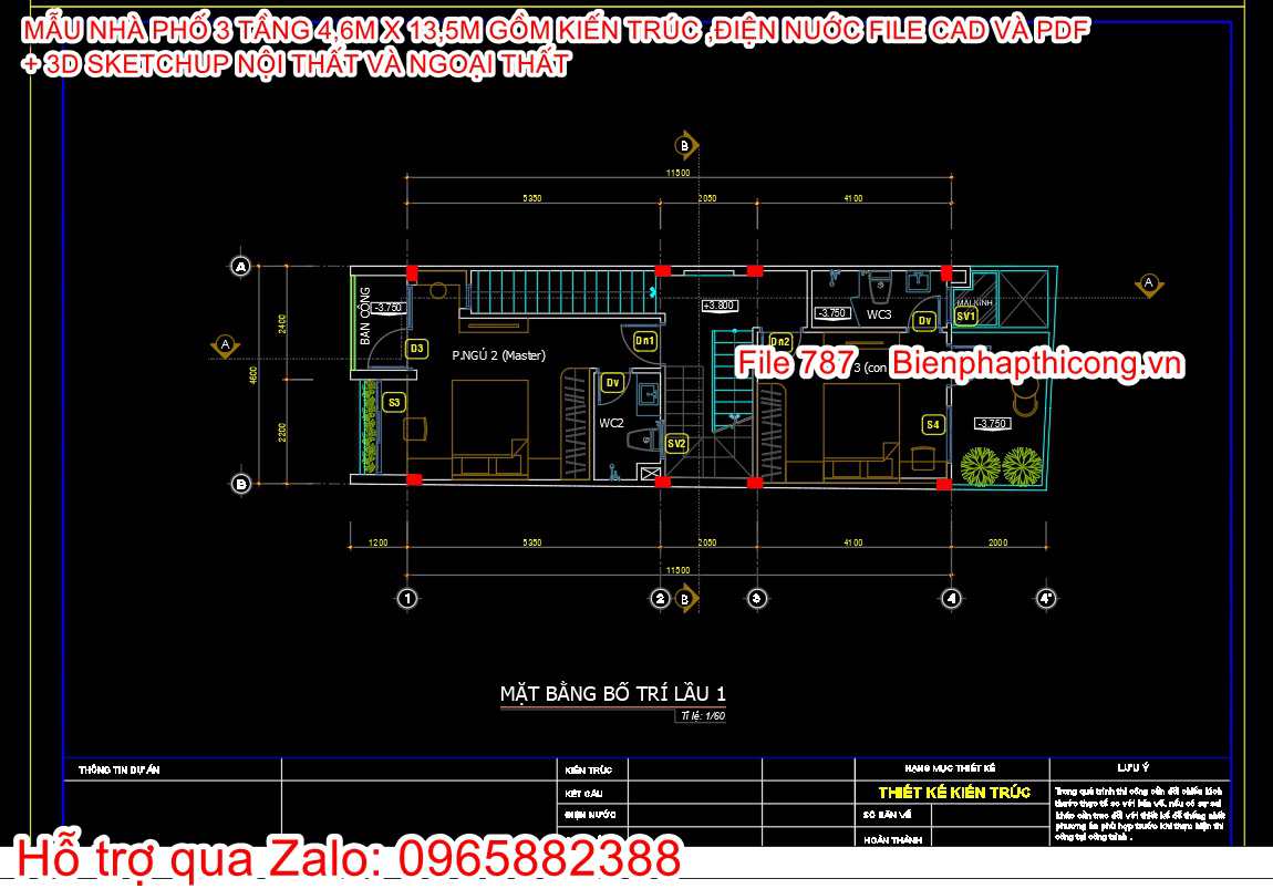 Mặt bằng tầng 2 nhà phố 3 tầng cad đẹp.