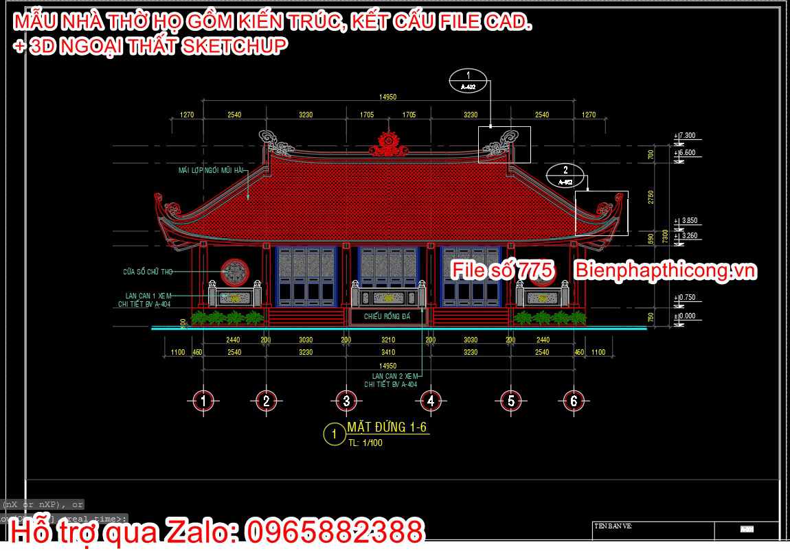 Mặt đứng cad nhà thờ họ 5 gian.