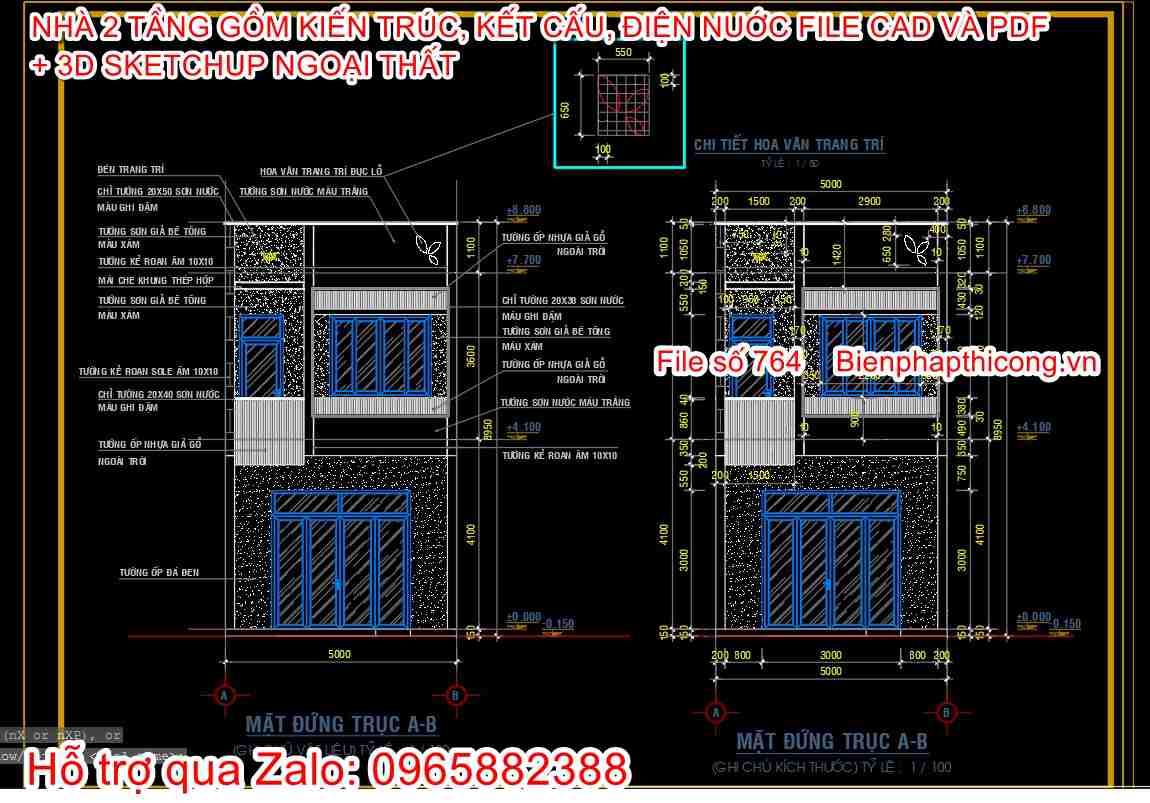 Mặt đứng công trình nhà 1 trệt 1 lầu 5m x 18m.