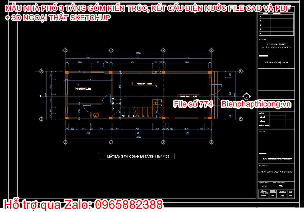 Mẫu nhà phố 3 tầng 3 ngủ cad 4,7m x 14,3m.