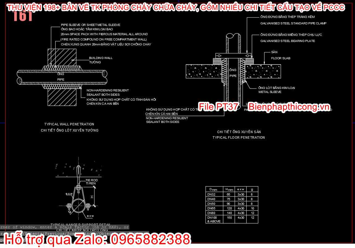 Chi ống ống lót xuyên tường cad.