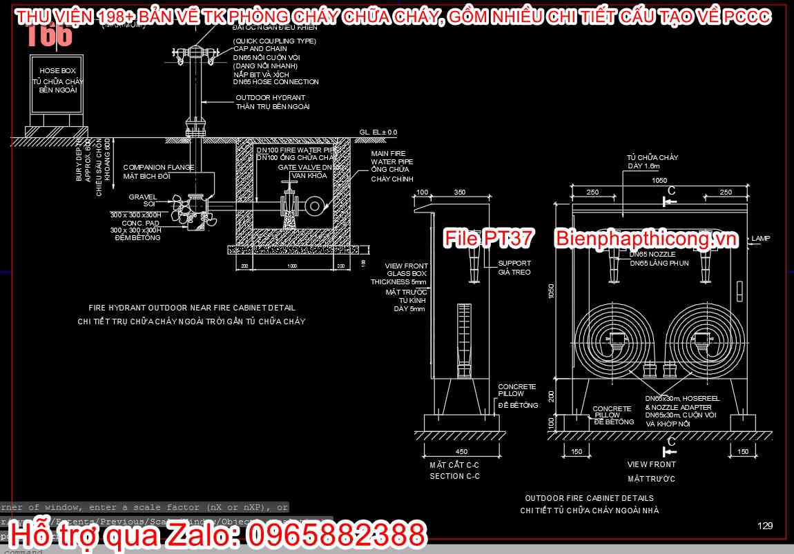 Chi tiết lắp đặt tủ chữa cháy ngoài nhà cad.