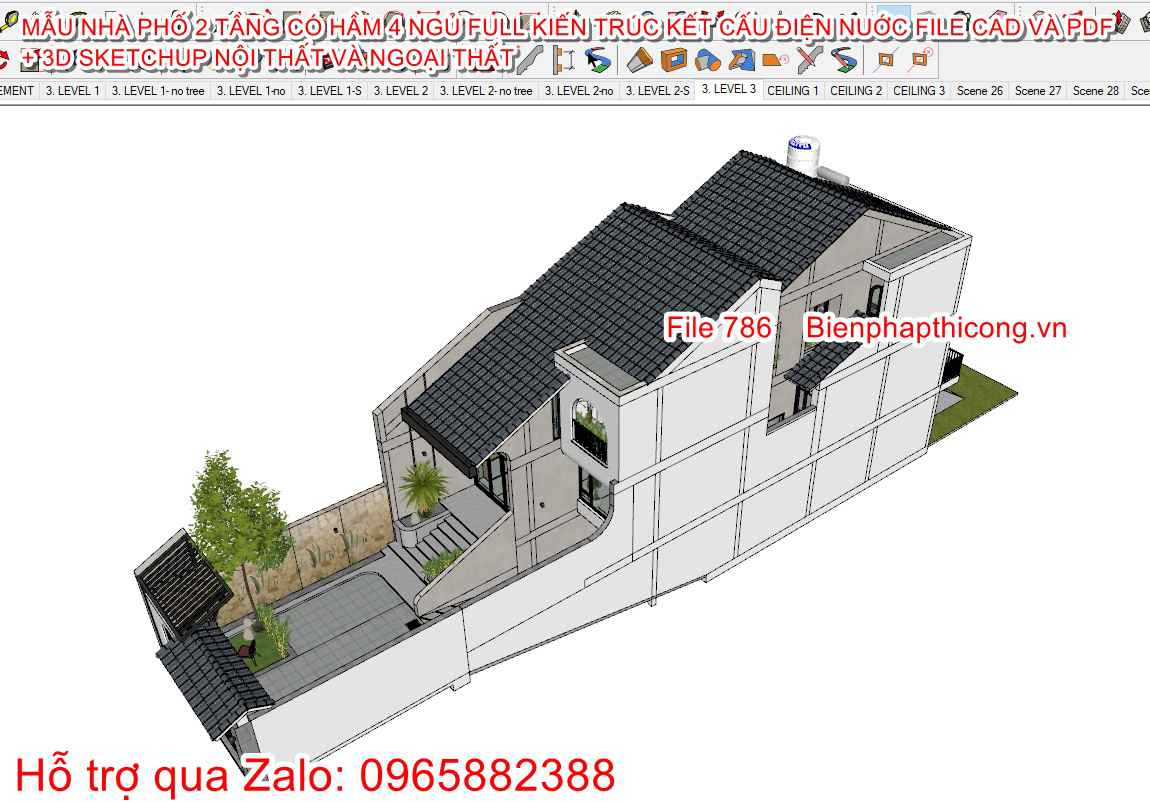 3D sketchup nhà phố mái ngói 6,7m đẹp.