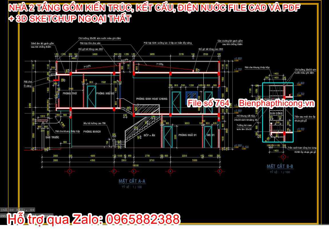 Bản vẽ mặt cắt nhà phố 2 tầng 5m x 18m đẹp.