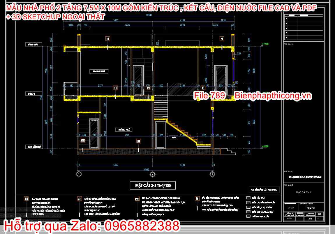 Bản vẽ mặt cắt nhà phố 2 tầng rộng 7,5m x 10m 3 ngủ.