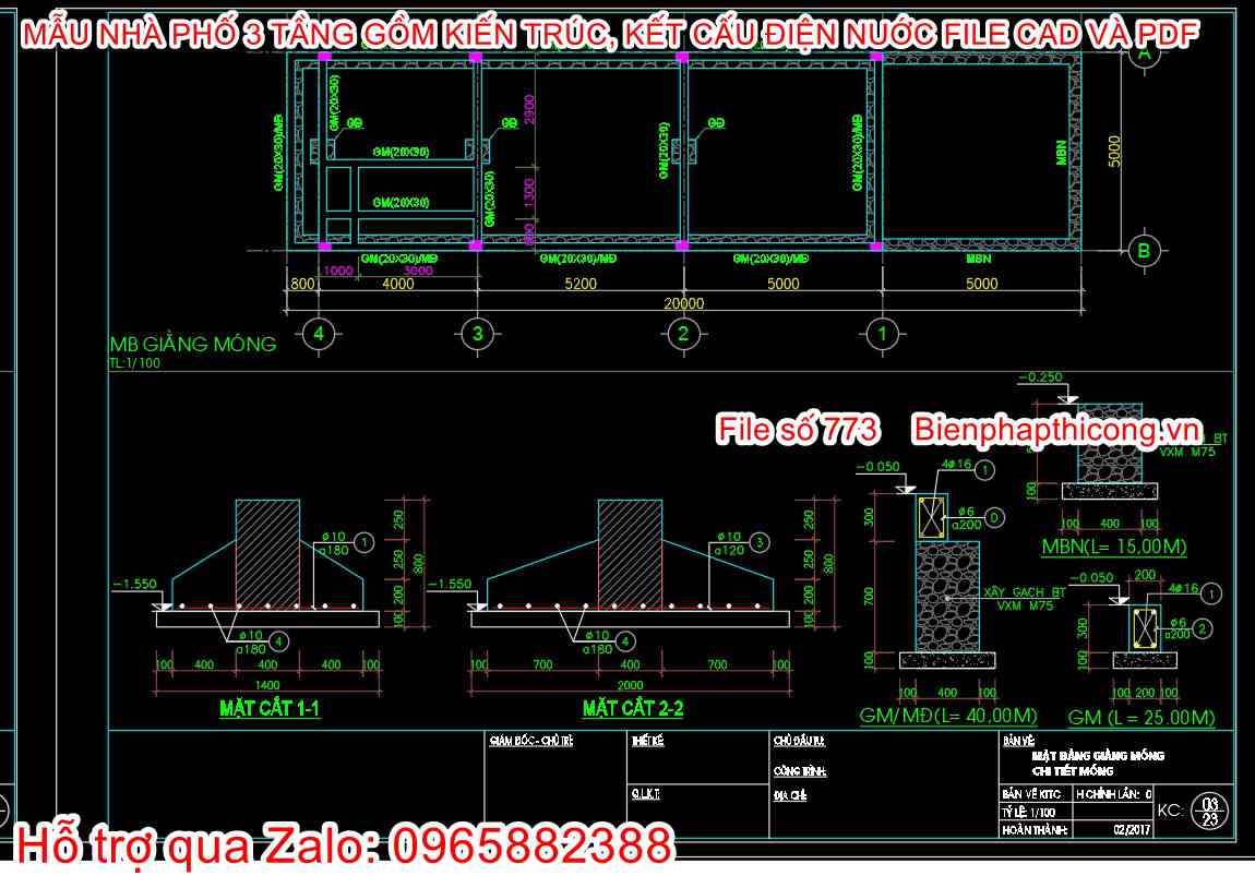 Bản vẽ thiết kế chi tiết móng nhà ống 3 tầng.