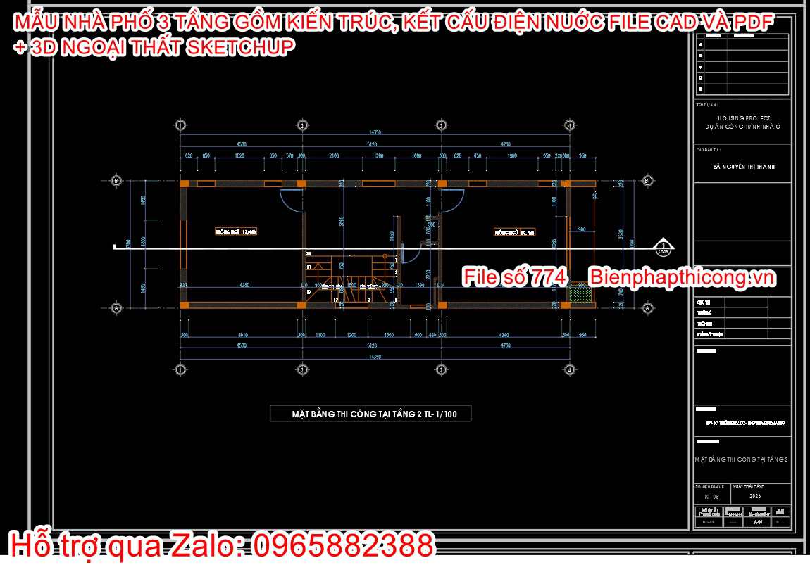 Bản vẽ triển khai nhà phố 4,7m x 14,3m 3 ngủ.
