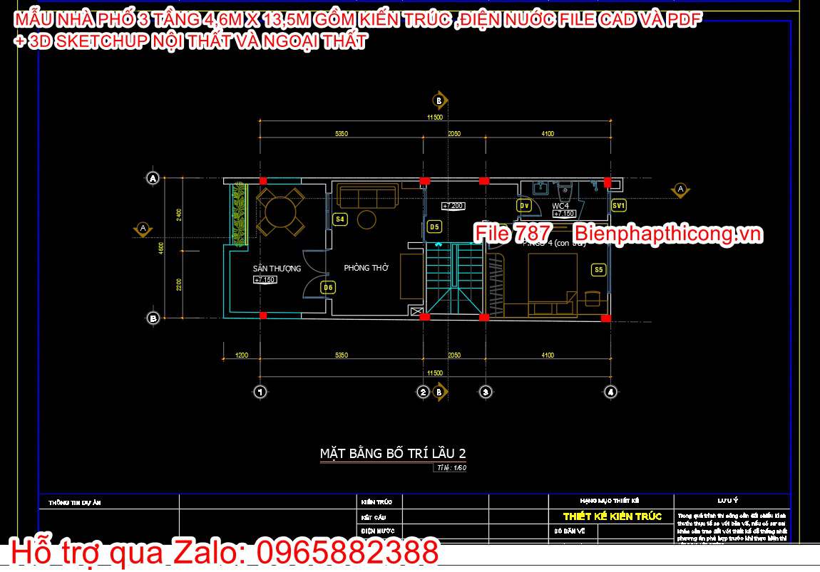 Mặt bằng tầng 3 nhà phố 3 tầng rộng 4,6m.