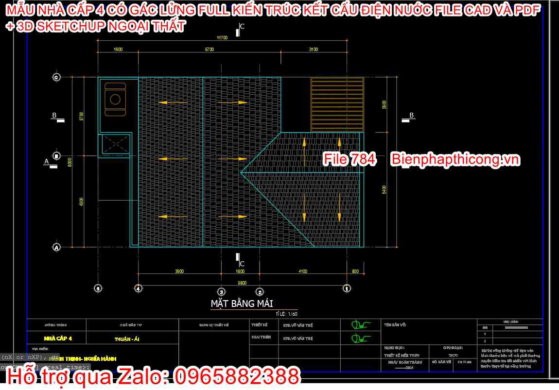 Mặt bằng tầng mái nhà cấp 4 3 ngủ cad 8m x 13m.