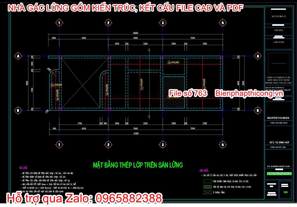 Tải bản vẽ nhà gác lửng ngang 5m x 16m cad đẹp.