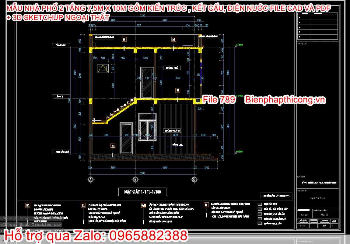 Bản vẽ cad mặt cắt nhà phố 2 tầng đẹp.