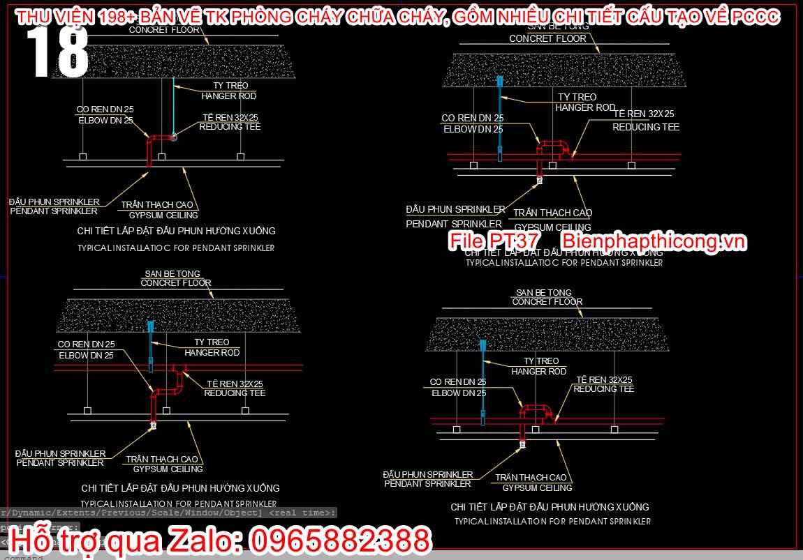 Bản vẽ chi tiết lắp đặt đầu phun hướng xuống cad.