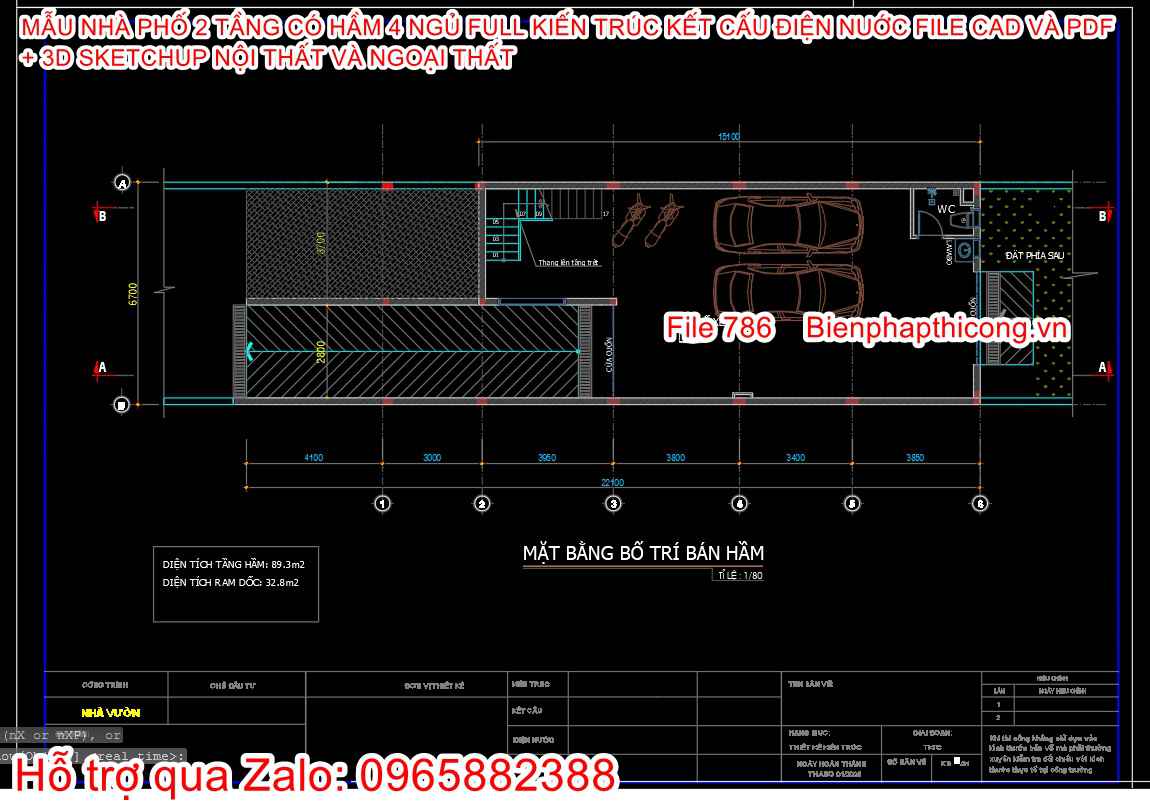 Bản vẽ hầm nhà phố 2 tầng cad đẹp.