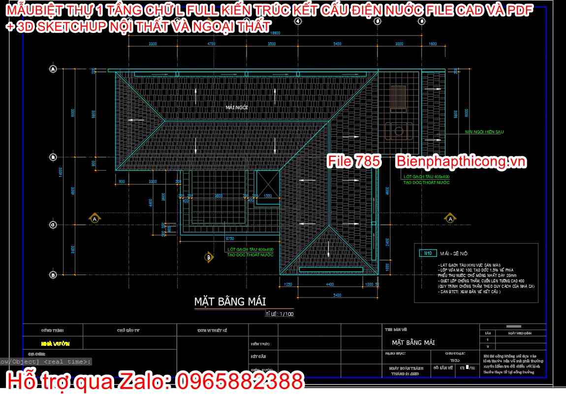 Bản vẽ mặt bằng mái nhà 1 tầng 3 ngủ đẹp.