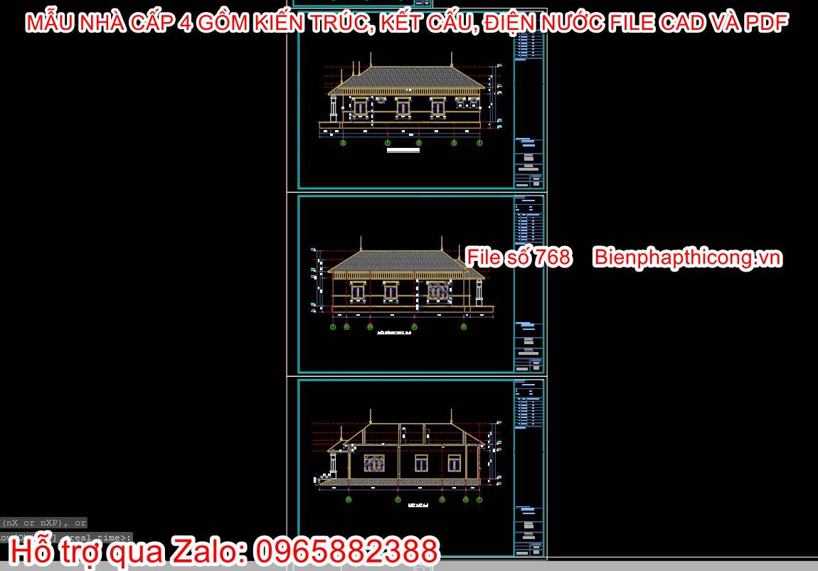 Bản vẽ mặt đứng nhà cấp 4 8,2m x 16,5m cad 4 ngủ.