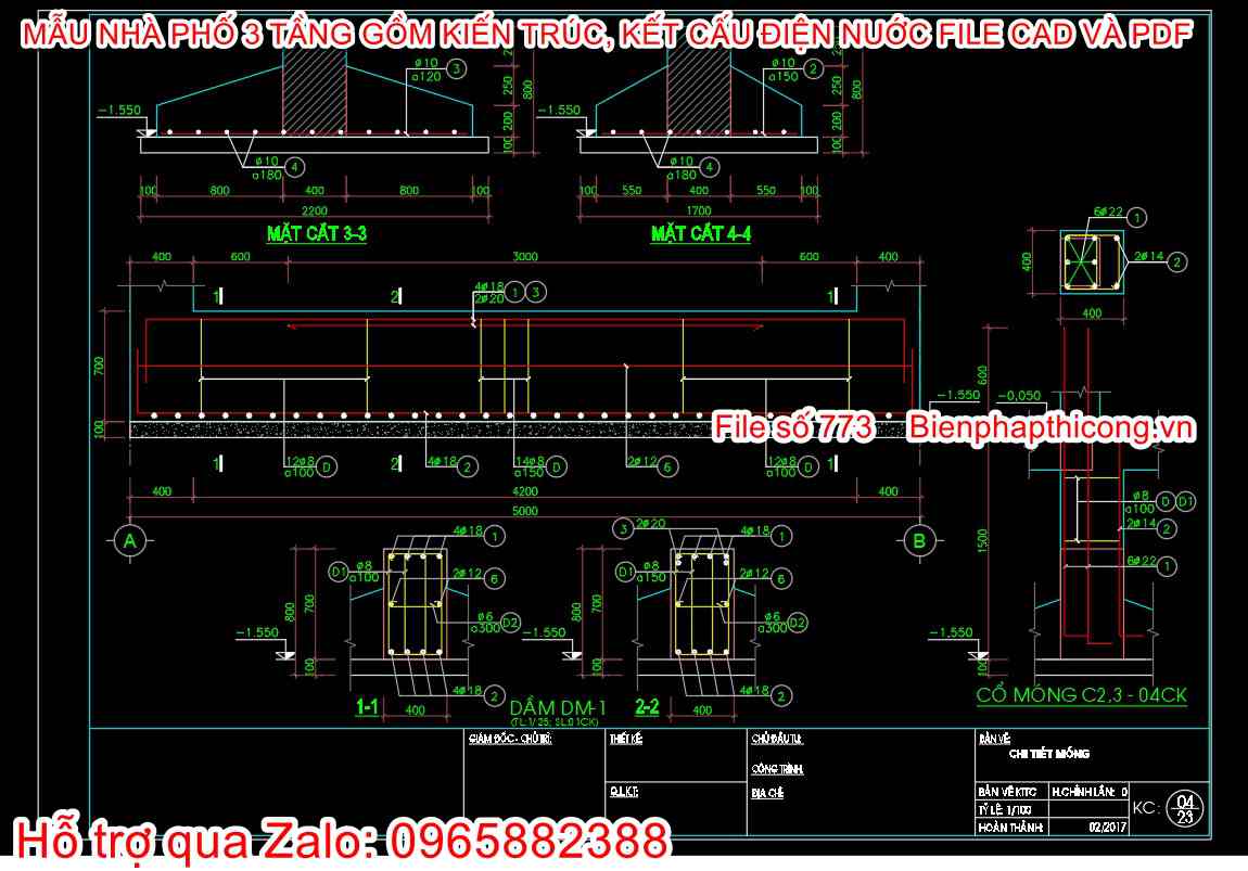 Bản vẽ móng nhà ống 3 tầng cad đẹp.