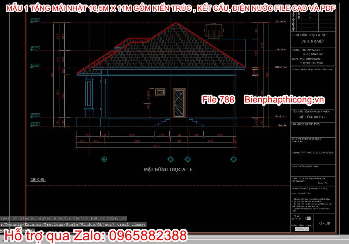 File dwg nhà cấp 4 mái nhật mặt đứng cad đẹp.