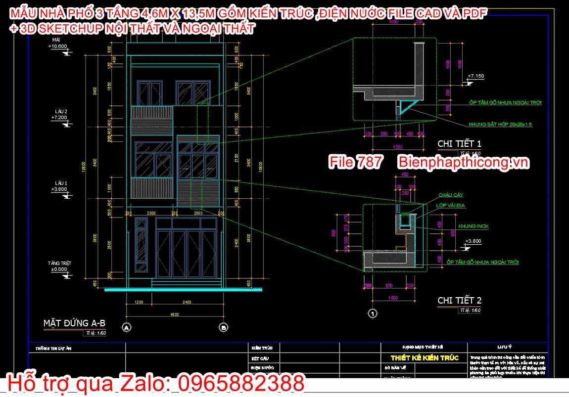 Mặt đứng cad nhà phố 3 tầng 4,6m x 13,5m.
