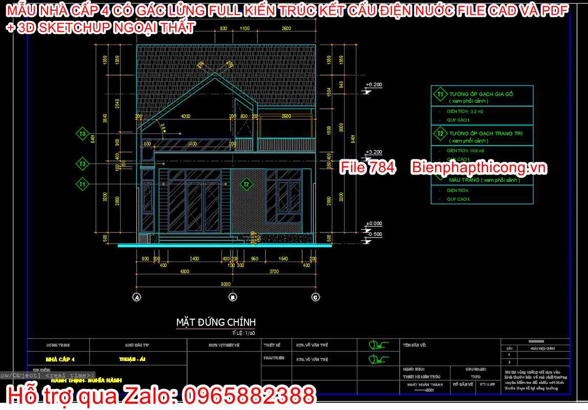 Mặt đứng nhà cấp 4 3 ngủ cad 8m x 13m.