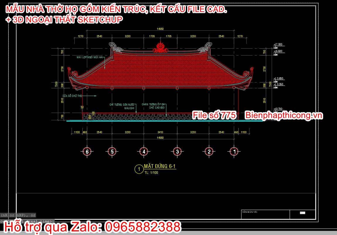 Mẫu bản vẽ nhà thờ họ 5 gian đẹp.