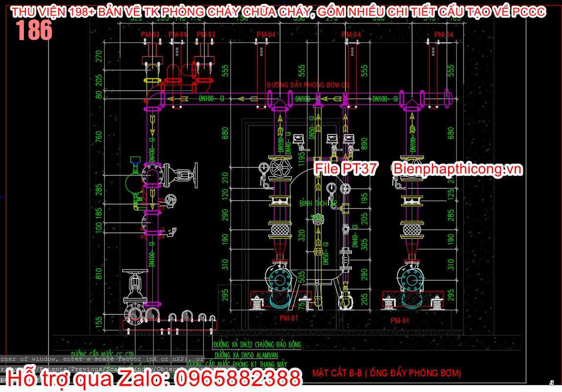 Bản vẽ cad pccc ống đẩy phòng bơm.