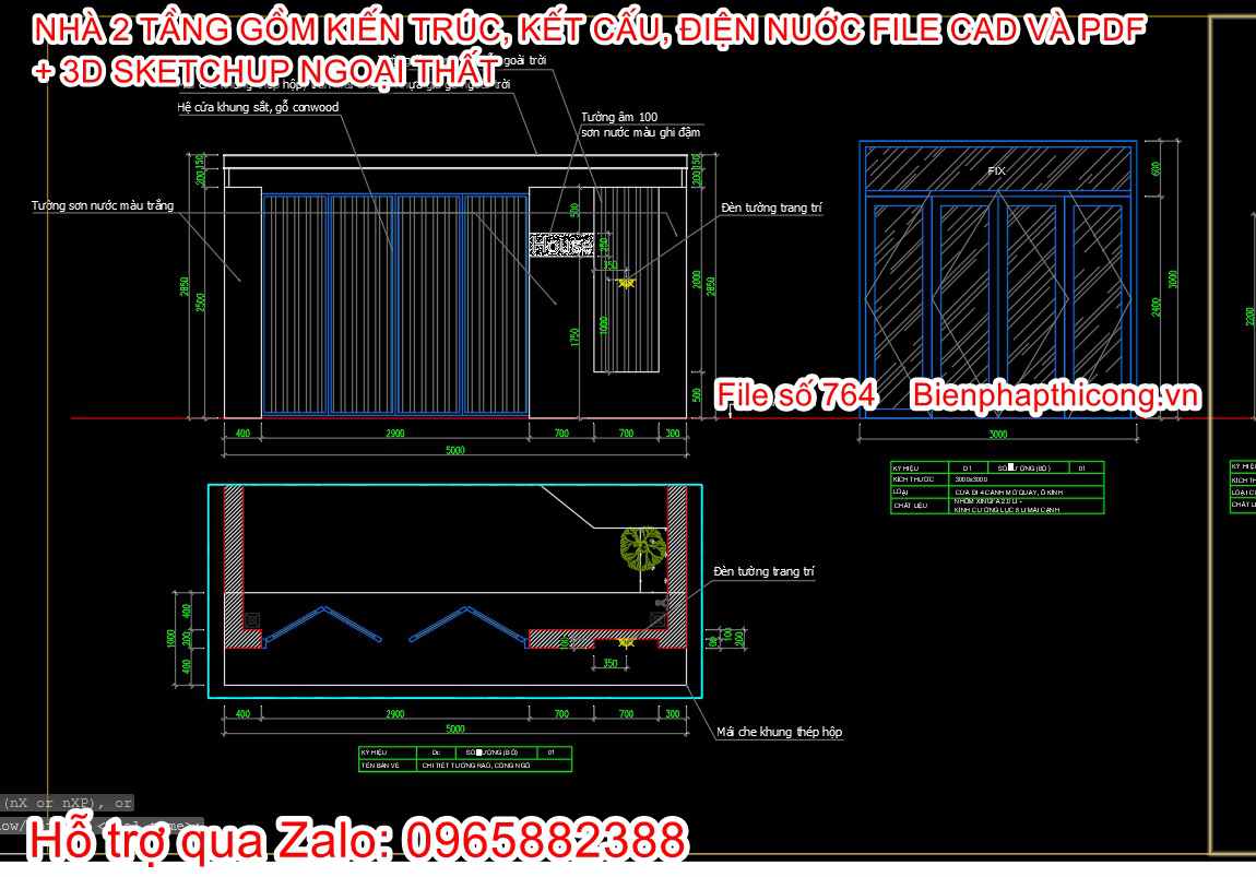 Bản vẽ chi tiết cửa nhà 2 tầng 5m x 18m.