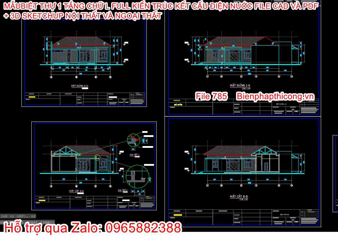 Bản vẽ kiến trúc kết cấu điện nước nhà mái nhật 1 tầng.