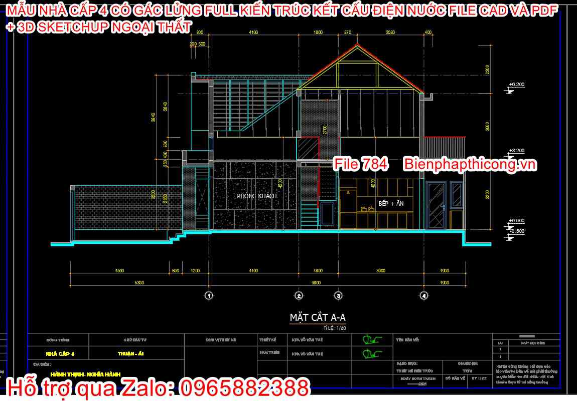 Bản vẽ mặt cắt nhà cấp 4 3 ngủ 8m x 13m file dwg.