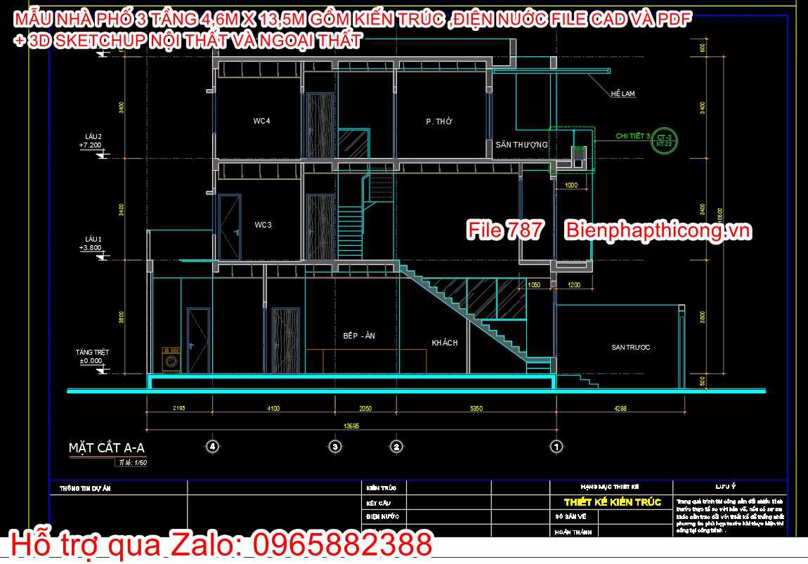 Bản vẽ mặt cắt nhà phố 3 tầng rộng 4,6m x 13,5m.