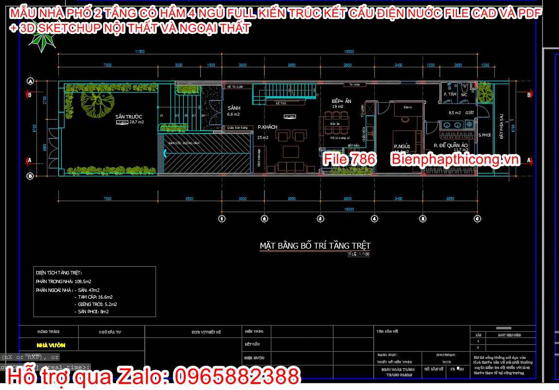 Bản vẽ tầng 1 nhà phố 2 tầng cad 6,7m x 22,5m.