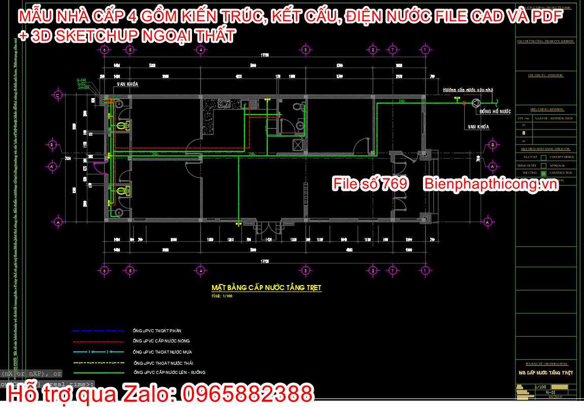 Bản vẽ thiết kế điện nước nhà cấp 4 mái thái 7m x 17,7m.