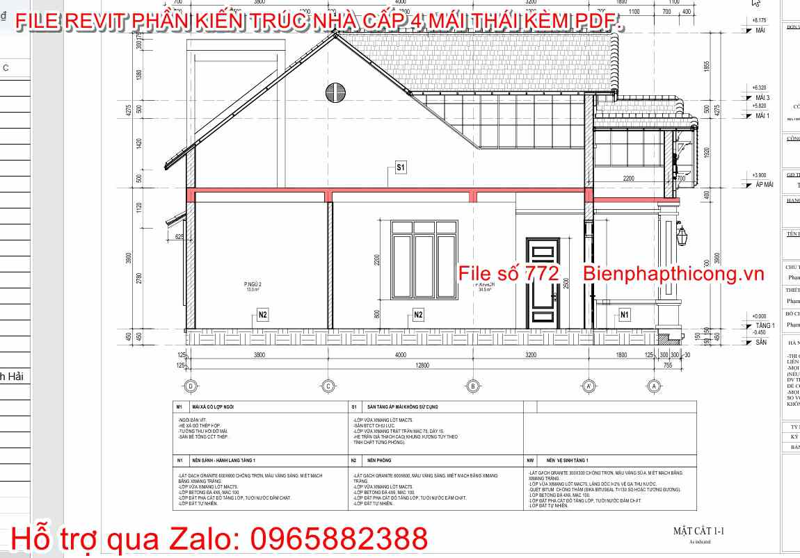 Mặt cắt mẫu nhà cấp 4 3 ngủ đẹp.