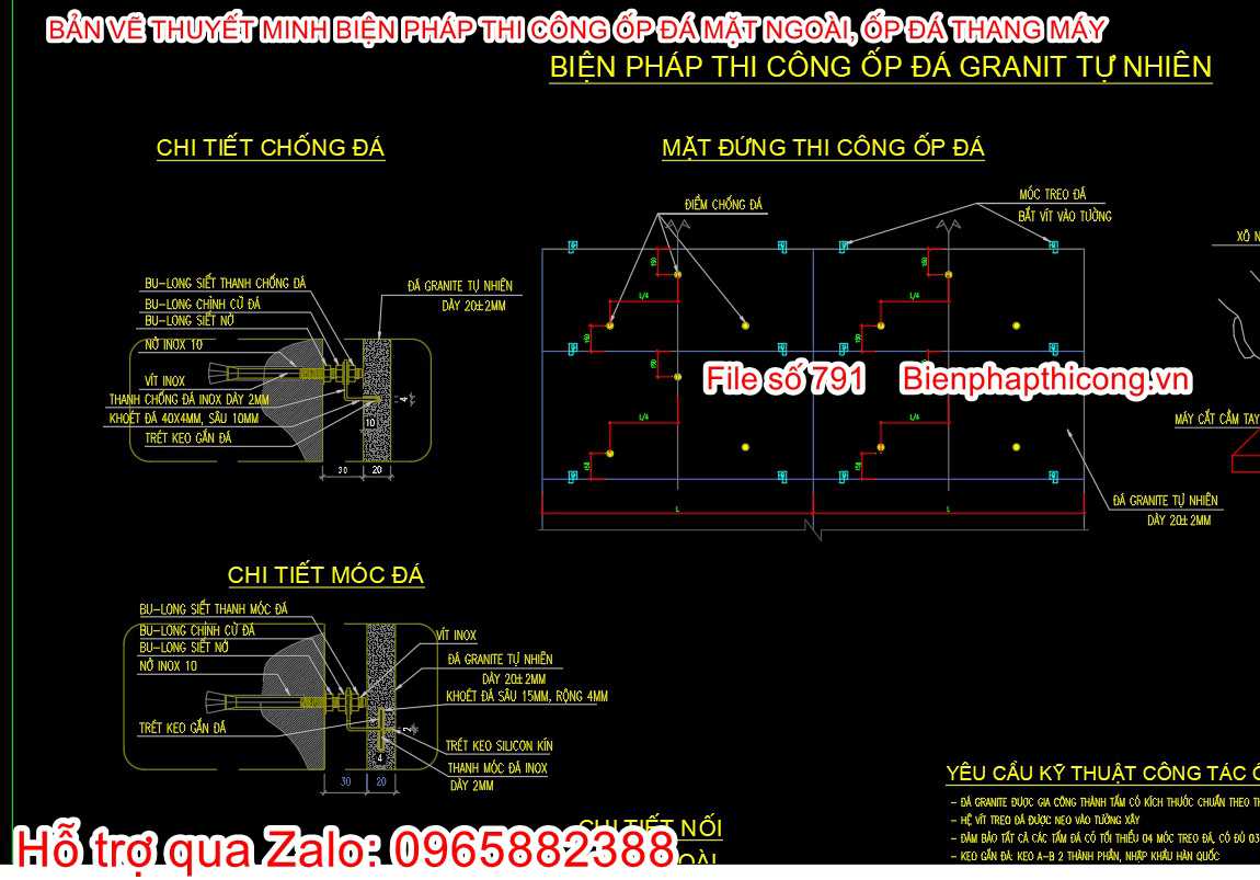 Bản vẽ cad biện pháp thi công ốp đá granit tự nhiên.