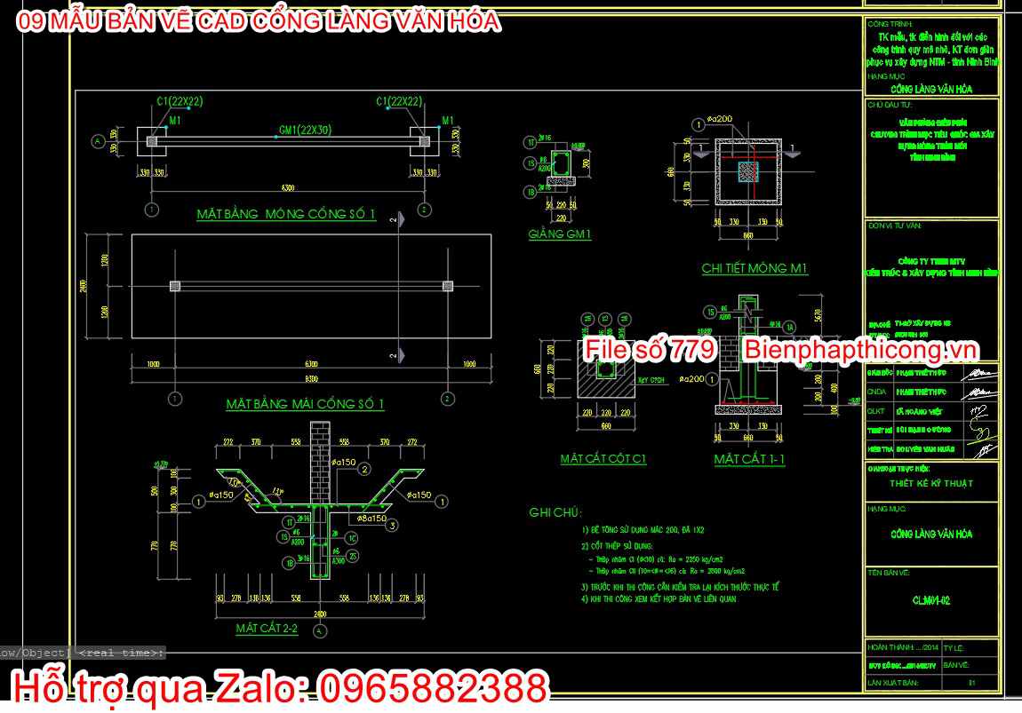 Bản vẽ cad kết cấu móng cổng làng cad.