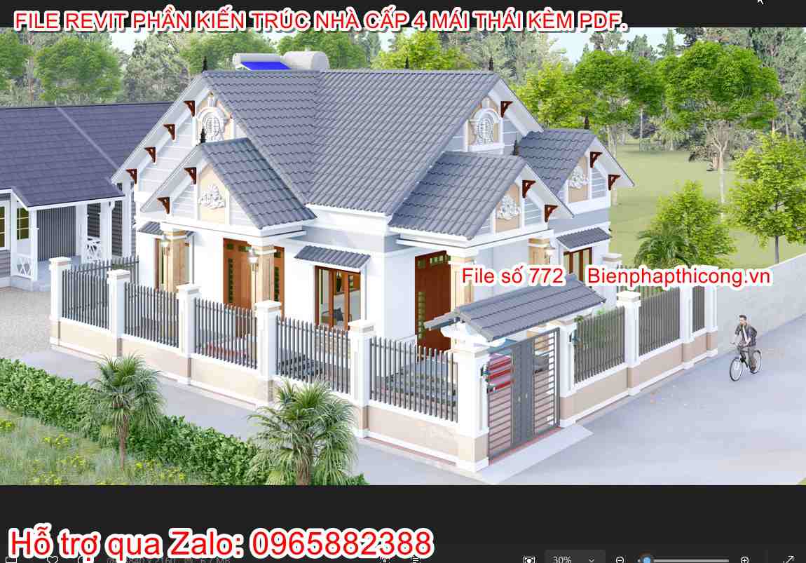 File revit nhà 1 tầng mái thái 3 ngủ 9m x 13m.