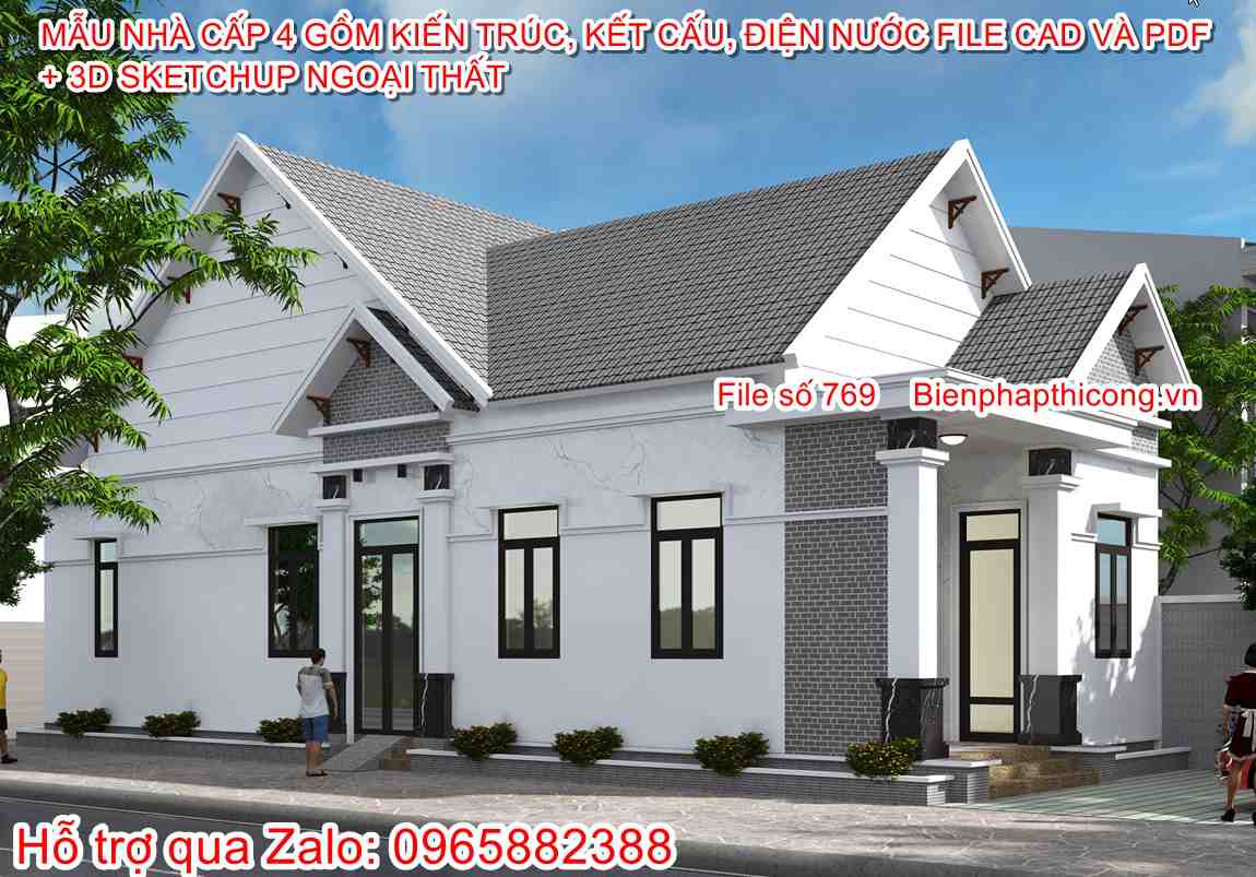 Hồ sơ bản vẽ nhà cấp 4 mái thái 120m2 3 ngủ cad.