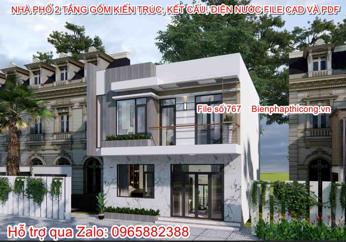 Hồ sơ bản vẽ nhà phố 2 tầng mặt tiền 8m x 9m 3 ngủ.