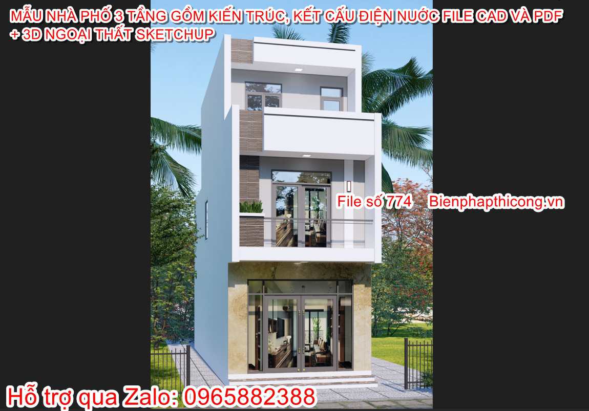 Hồ sơ bản vẽ nhà phố 3 tầng 4,7m x 14,3m 3 ngủ cad.