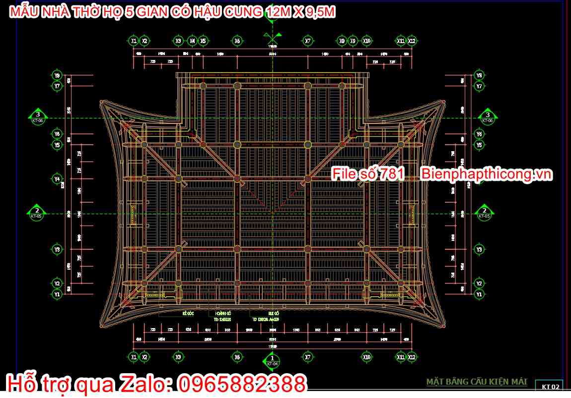 Mặt bằng cấu kiện mái nhà thợ họ 5 gian có hậu cung cad.