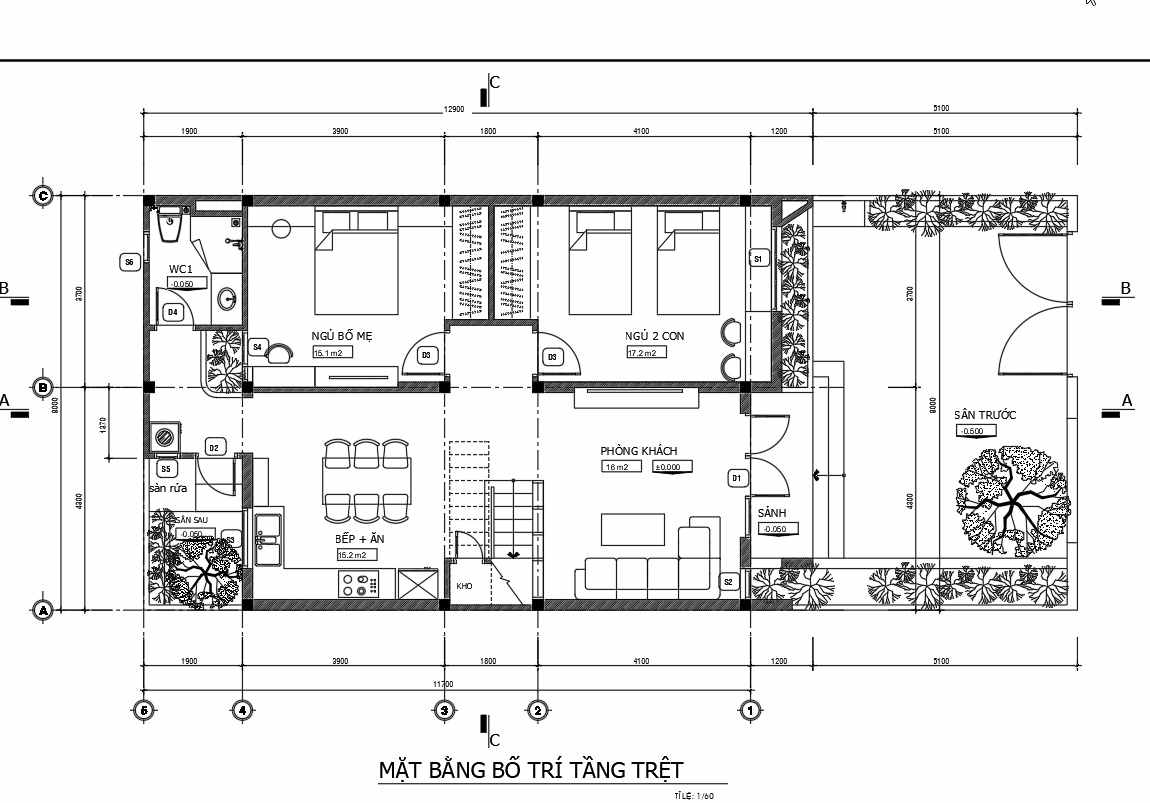 Mặt bằng tầng 1 nhà cấp 4 có gác lửng 8m x 13m 3 ngủ.