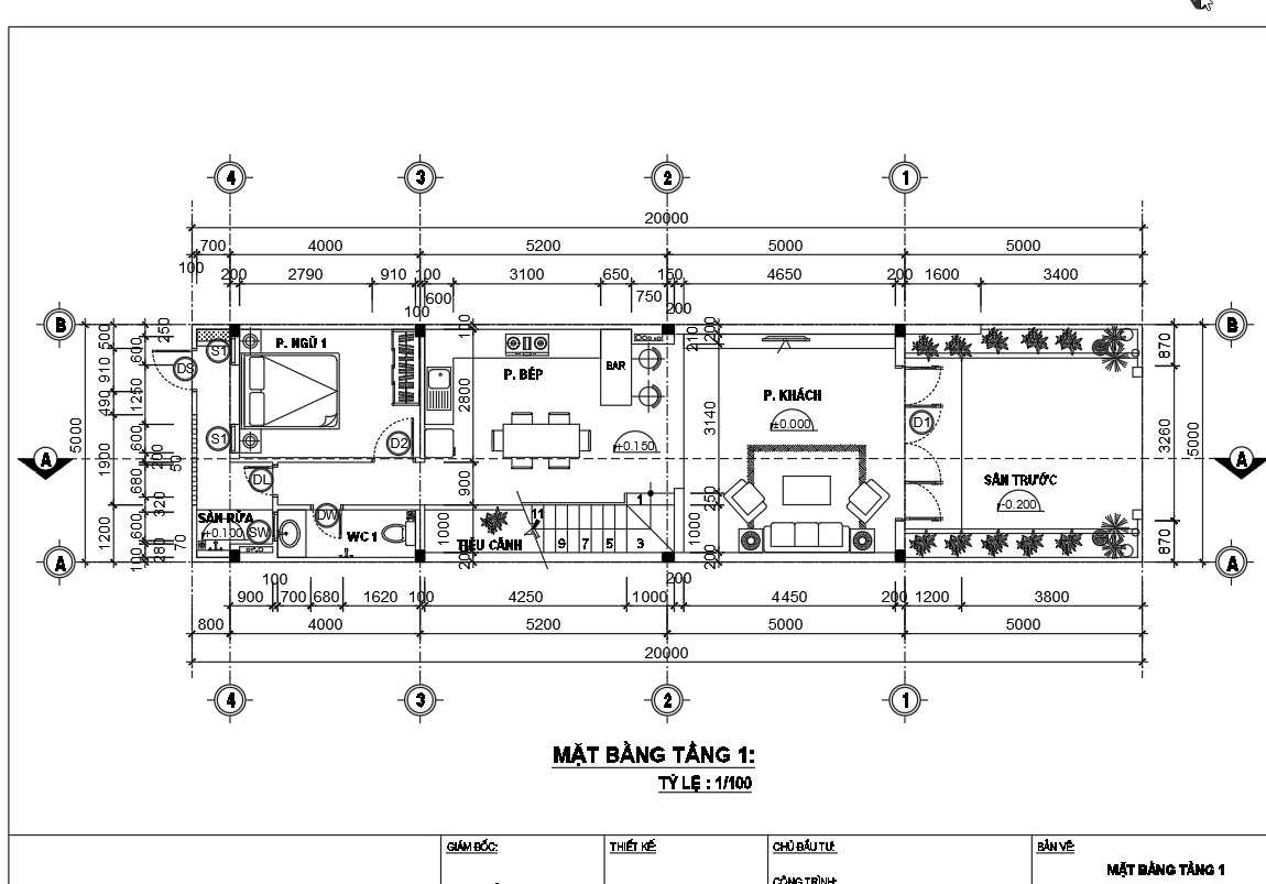 Mặt bằng tầng 1 nhà phố 3 tầng 5m x 15m 3 ngủ.