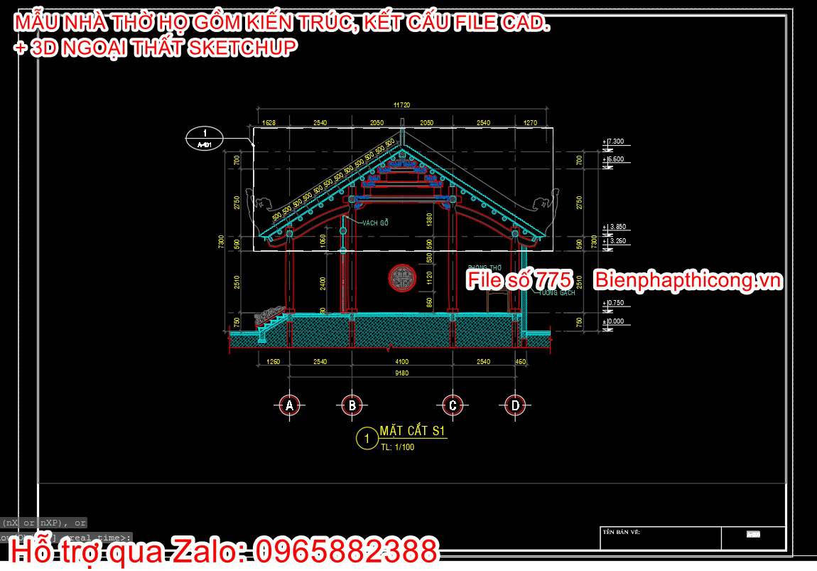 Bản vẽ cad mặt cắt nhà thờ họ 5 gian 9,2m x 15,8m.