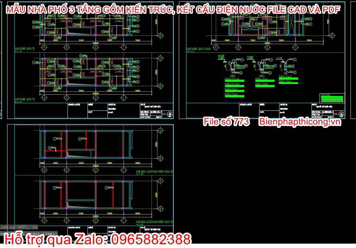 Bản vẽ kết cấu nhà ống 3 tầng cad đẹp.